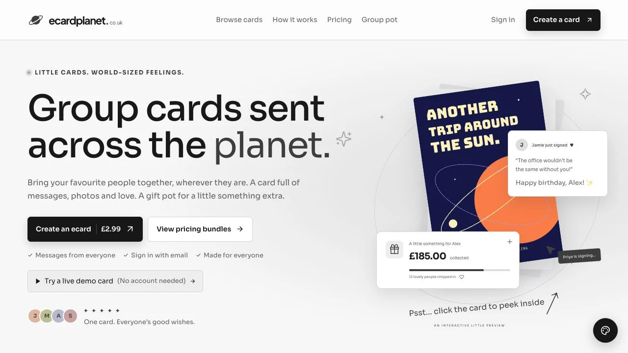 eCardPlanet website showing its group greeting card experience.