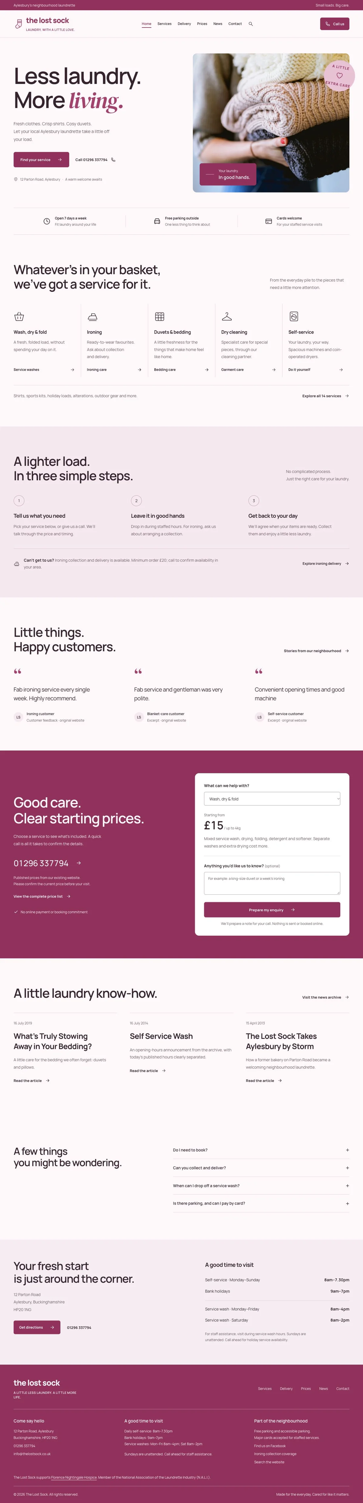 Independent Lost Sock redesign concept with pink branding and improved laundry service navigation.